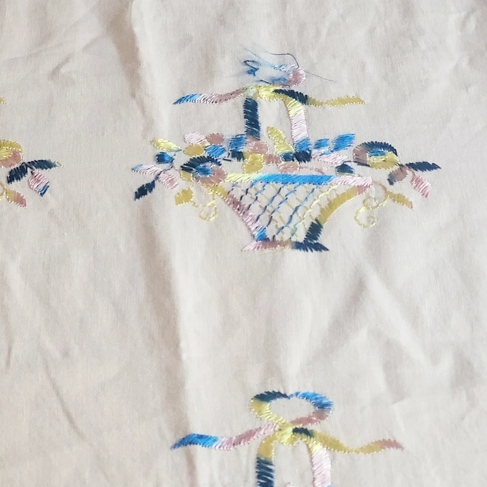 Vintage Handmade Linen Round Tablecloth Lace Ivory Floral Basket‎ Embroidery